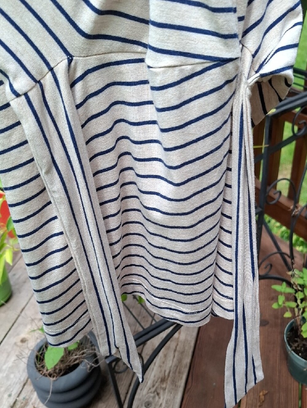 Chico's Navy/Wheat Striped Side-Tie 3/4 Sleeve Top Sz XL - Picture 9 of 9